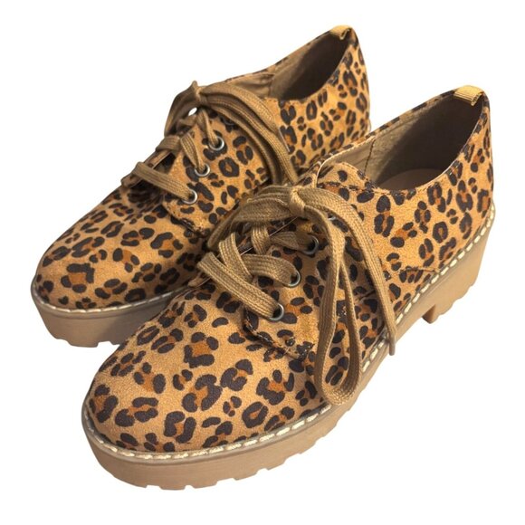 Dirty Laundry Leopard Print Lace Up Shoes Faux Suede Tan Brown Chunky Sole Sz 7 - Picture 1 of 8
